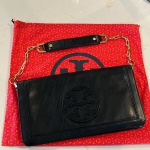 Tory Burch Reva Bombe Two Way Black Leather Clutch Shoulder Bag